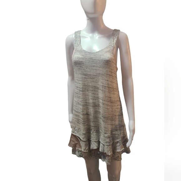 Free People Gray Marled Sleeveless Ruffle Lace Hem Dress - Picture 2 of 6